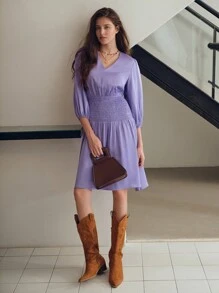 MOTF PREMIUM Kleid mit gerafftem Taille- und Laternenärmel