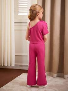 SHEIN Young Girls Asymmetrical Neck Stereo Flower Top & Flare Leg Pants - Hot Pink - View 2