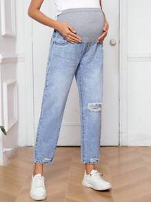 SHEIN Maternity Wideband Waist Ripped Frayed Straight Leg Jeans - Light Wash - View 1