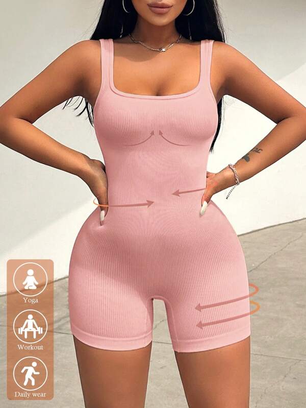 Zolique Women Summer Fall Casual Seamless Knit Solid Color Sports Outdoor Tight Romper Unitard Jumpsuit