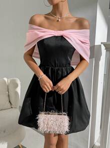 Zolique Vestido sencillo diario de hombros descubiertos de bloque de color para mujeres - Negro - Ver 3