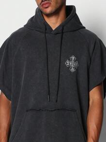 SUMWON Sleeveless Hoodie Drawstring Casual Athletic Streetwear Oversized Distressed Washed Cotton Blend Graphic Logo Urban Sports Basketball Training Spring Summer Fall - Black - View 3