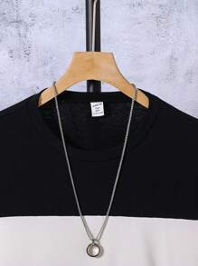 تي شيرت المراهقين بنمط كتل الألوان ، ياقة دائرية ، بلوفر ، قطن وكتان - الأسود - مشاهدة 5