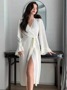 DAZY See-Through Chiffon & Contrast Lace Nightgown With Ruffled Sleeves, Pajama - Apricot - View 5