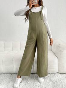 SHEIN 孕妇休闲可调节肩带宽松连体裤 - 軍綠色 - 查看 3