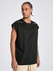 Manfinity RebelGame Men's Loose Fit Round Neck  Tank Top With English Letter Prints, Suitable For Summer - Black - View 7