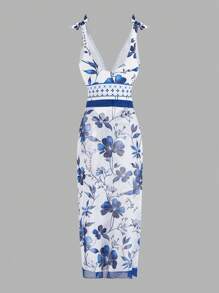 Swim Oasis 女士夏季海灘度假花卉印花肩結一件式泳衣和遮陽裙組合套裝