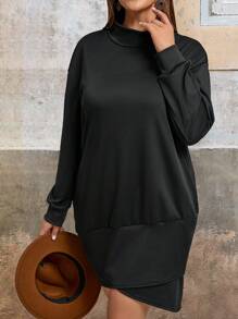 SHEIN VCAY Plus Size Solid Color Stand Collar Long Sleeve Summer Dress - Black - View 4