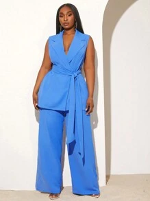 SHEIN SXY 大码女式纯色无袖西装外套套装，秋冬日常穿着