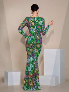 Đầm dạ hội dài tay in họa tiết ngẫu nhiên dành cho nữ (họa tiết hoa không theo bố cục), đầm dự tiệc, đầm cưới, đầm dạ hội, đầm nghỉ xuân. - màu xanh lá - Xem 3