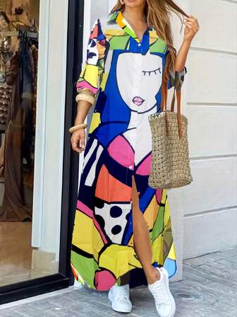 女士时尚长袖花卉印花衬衫领长款宽松休闲连衣裙