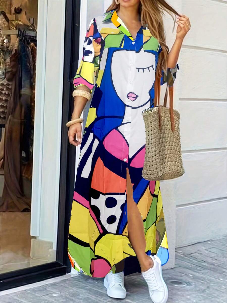 女士时尚长袖印花衬衫领长款宽松休闲连衣裙优雅 - 彩色 - 查看 1