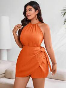 SHEIN LUNE Plus Size Women's Solid Color Simple Daily Open Shoulder Jumpsuit - Orange - View 4
