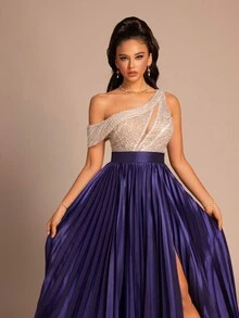 女士新款优雅不对称领亮片开衩正式晚礼服舞会婚礼宾客礼服，适合毕业典礼、晚宴 - 寶藍色 - 查看 8