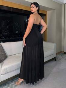 NU&NOW فستان كبير الحجم بتصميم تباين الشبك والترتر حافة عالية بفتحة في الذيل لحفلات الموسيقى والحفلات المسائية، للنساء كاملة الطول