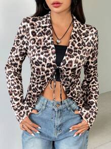 Lunelith SHEIN Lunessa Blazer casual con estampado de leopardo, cinturón de satén, para primavera/verano
