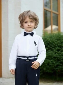 SHEIN Young Boy Gentleman 2pcs Striped Blue Long Sleeve Shirt And Suit Trousers With Belt,Summer Traditional Wedding Birthday Party Evening Performance Set - White - View 6