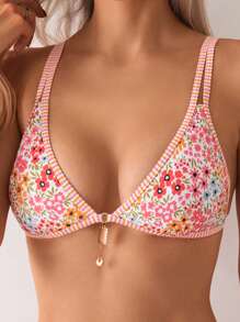 Floral Print Triangle Bikini Top Summer - Multicolor - View 3