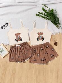 SHEIN 青少年女孩夏季休閒可愛熊印花針織防火家居服套裝，包括背心和短褲（每套分開銷售），媽媽和我相同的裝扮 - 卡其色 - 查看 2