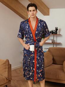 Men Crane Print Contrast Trim Belted Satin Robe - Blue - View 6