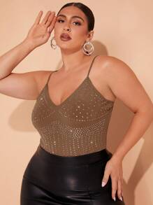 Hauture Rhinestone Studded Cami Bodysuit - Brown - View 3