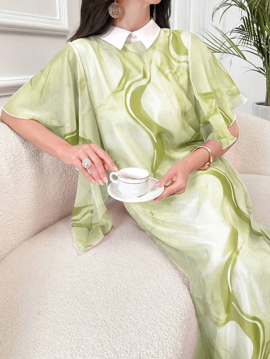 Al Najma 夏季漂染印花蝙蝠袖連衣裙 - 橄欖綠 - 查看 1