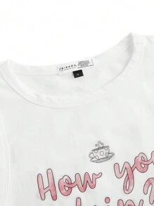 FRIENDS X SHEIN Women's Casual Slogan & Coffee Cup Print White Tank Top, Summer How You Doin