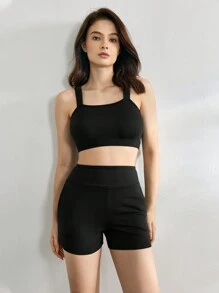 Ocili Leisure Solid Cami Top & Shorts Lounge Set - Black - View 4