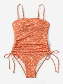 SHEIN Swim Ditsy Floral Drawstring Side One Piece Swimsuit Summer - Orange - View 6
