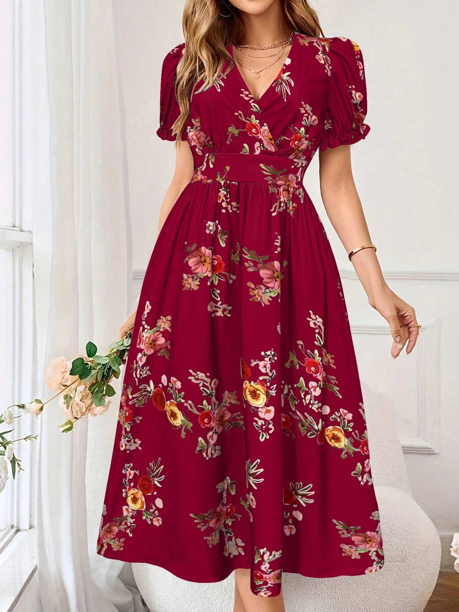 SHEIN Clasi Floral Print Summer Wrap Dress With Criss-Cross Front And Cinched Waist For New Year Clothes Maxi Women Outfit - Red - View 1