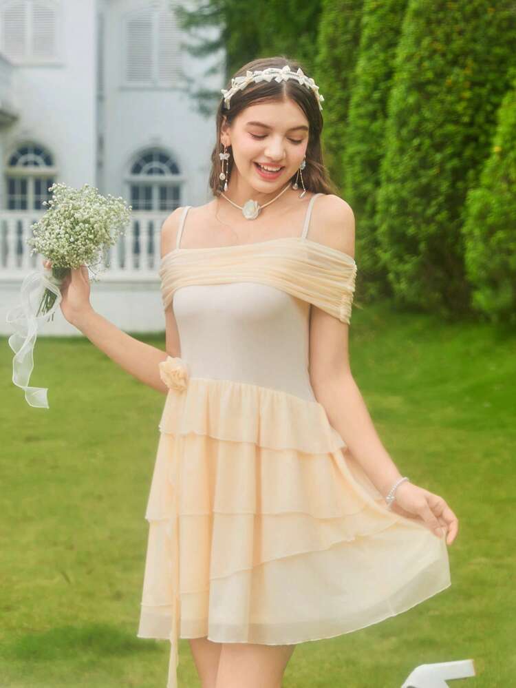 Teen Girl Knitted Hollow Out Mesh Contrast Removable 3D Flower Off Shoulder Slip Dress