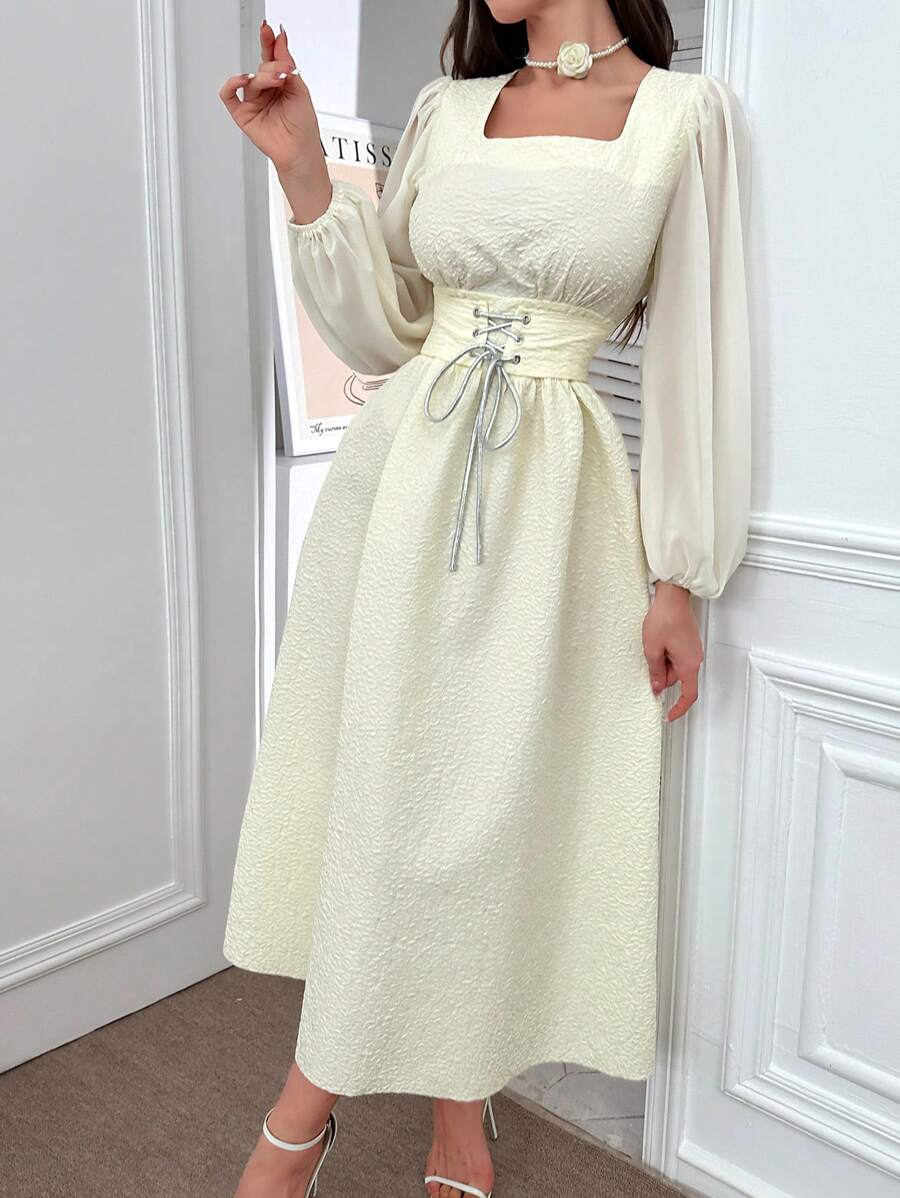 Modelyn Women's Square Collar Solid Color Long Sleeve Summer Dress With Cinched Waist Long Evening Dresses - Apricot - View 1