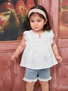 Blusa con volantes y bordado de ojales para bebé niña con cuello en V - Blanco - Ver 1