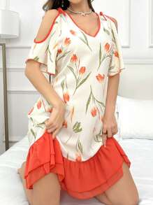 CottageSlumber Ruffle Strap Bowknot Print Pajama Night Dress With Ruffled Trims Holiday Season - Orange - View 6