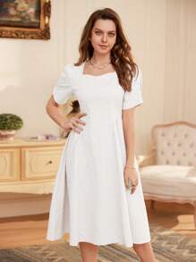 SHEIN Privé Elegant White Puff Sleeve Waist Cinched Embossed Fabric Women's Dress - White - View 6