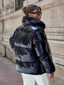 EURMUSE Puffer Jacket With Snap Buttons And Adjustable Waist Hem, Young And Warm - Black - View 2