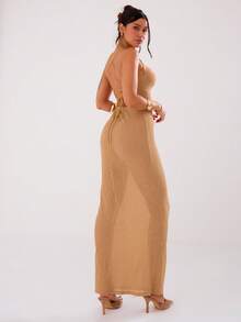 MUSERA Sheer Asymmetrical Neck Maxi Dress Summer, Beach, Sexy - Apricot - View 2