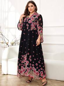 Al Najma 大码女士连衣裙，随机印花，全长优雅 Jalabiya Kaftan 宽松朴素长袖连衣裙 - 粉色 - 查看 5