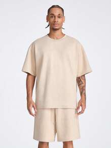 Manfinity VCAY 男士寬鬆圓領短袖T恤，繡有英文字母，適合夏季 - 杏色 - 查看 3