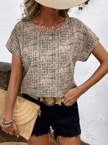 SHEIN LUNE Áo cánh mùa hè cổ tròn viền bèo nhún màu tương phản cho nữ, áo tay ngắn - Nhiều màu - Xem 4