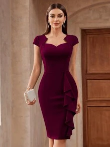 MIUSOL Elegant Solid Sweetheart Neck Ruffle Trim Cocktail Party Fitted Dress - Burgundy - View 1