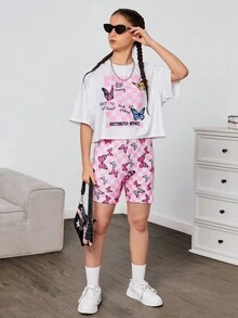 SHEIN Áo phông rộng rãi và quần đi xe đạp bó sát dành cho nữ tuổi teen Bộ 2 bộ thể thao thông thường - Hồng - Xem 3