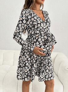 SHEIN Maternity Floral Print V-Neck Long Sleeve Nursing Dress, Daily Casual Wear