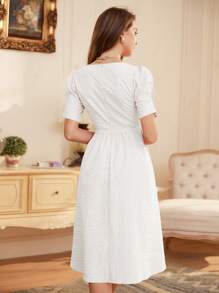 SHEIN Privé Elegant White Puff Sleeve Waist Cinched Embossed Fabric Women's Dress - White - View 2