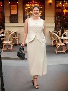 BizChic 加大码纯色编织优雅背心和裙子套装女式两件套 - 杏色 - 查看 1