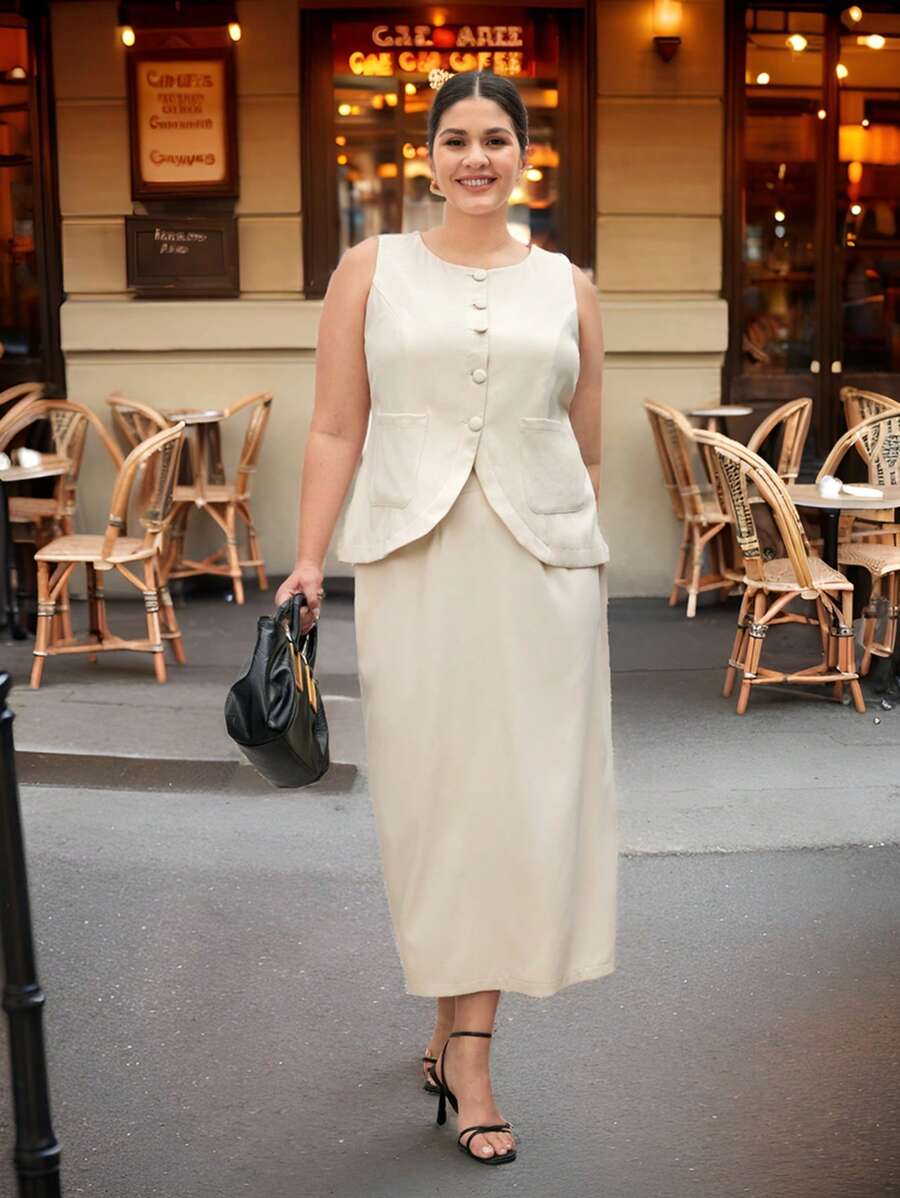 BizChic 加大码纯色编织优雅背心和裙子套装女式两件套 - 杏色 - 查看 1