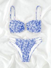 SHEIN Swim Floral Print Smocked Cut Out Bikini Set Summer - Multicolor - View 1