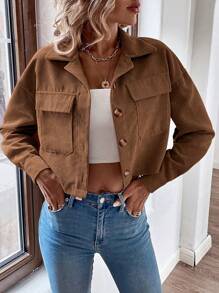 EMERY ROSE 春夏休闲纯色灯芯绒短款夹克，女士春秋休闲纽扣、口袋落肩领常规版型卡其色灯芯绒纯色女士夹克，休闲日常穿着 - 卡其色 - 查看 5