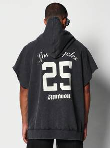SUMWON Sleeveless Hoodie Drawstring Casual Athletic Streetwear Oversized Distressed Washed Cotton Blend Graphic Logo Urban Sports Basketball Training Spring Summer Fall - Black - View 1