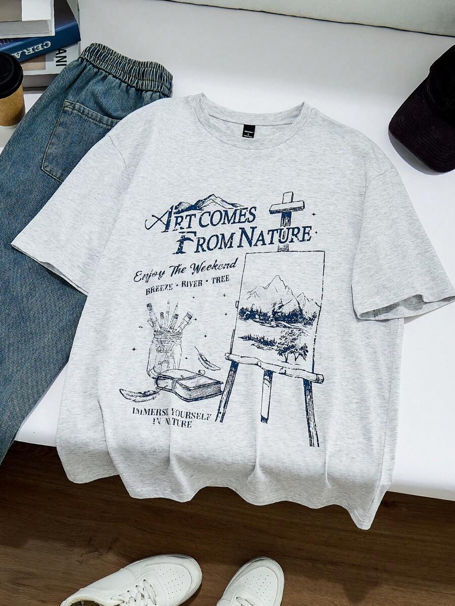 Manfinity RebelGame Men's Knitted Fashionable Daily Young Casual Loose Short Sleeve T-Shirt With Printed Pattern
